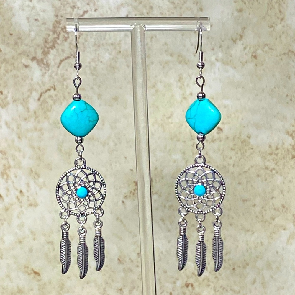 Turquoise and silver tone dreamcatcher dangle earrings